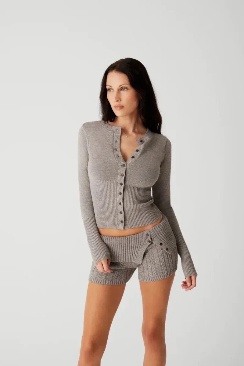 Knitted Zipper Hoddie Top And High Waist Short Set