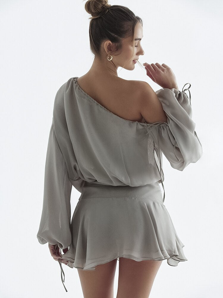 Grey Long Puff Sleeve Off-shoulder Mini Dress