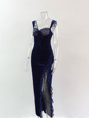 Blue Velvet Lace Trim Slit Midi Dress