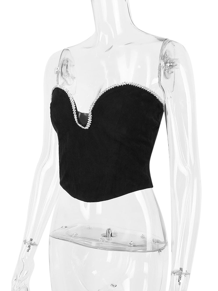 Black Crystal Trim Corset Top