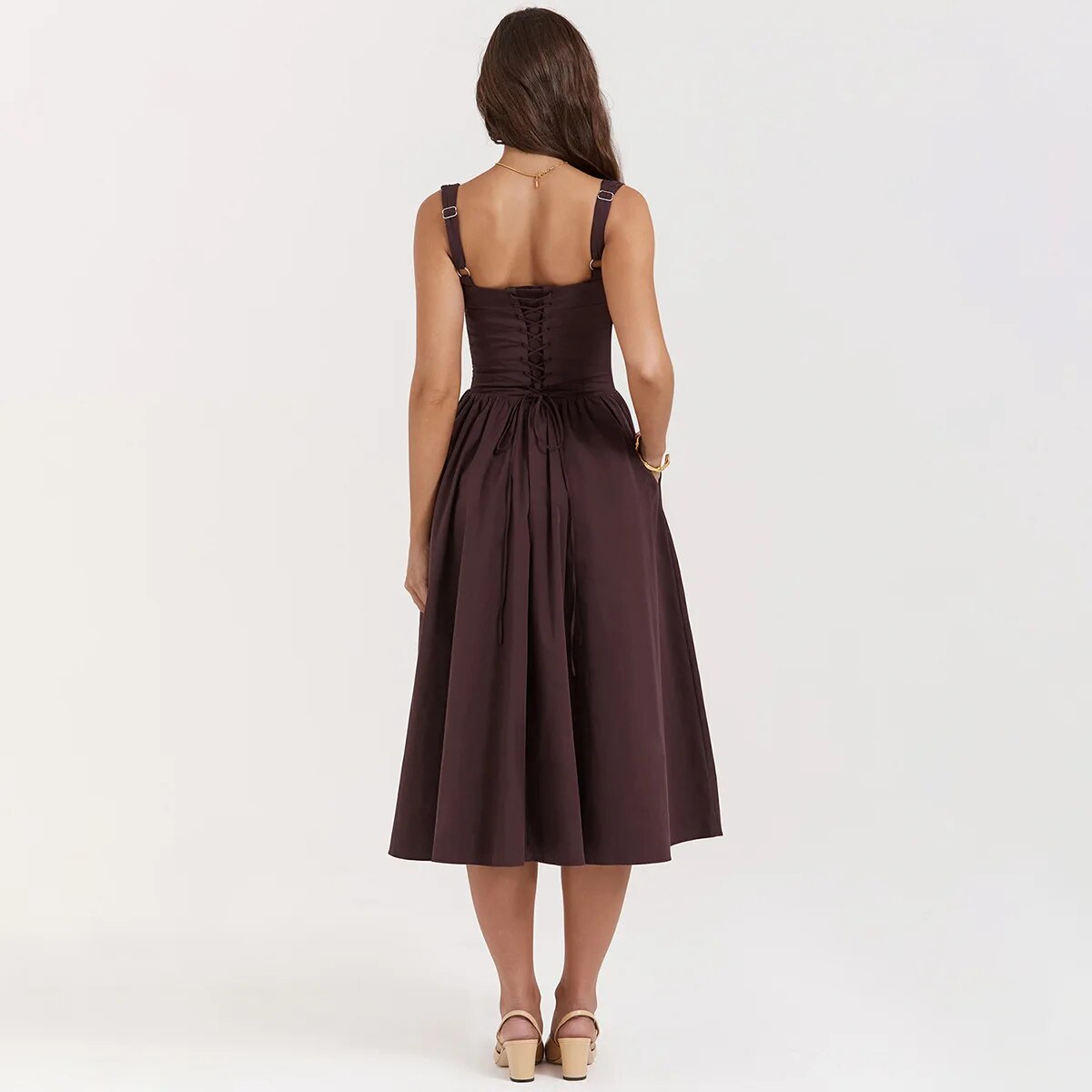 Brown Buttoned Strap Midi Dress