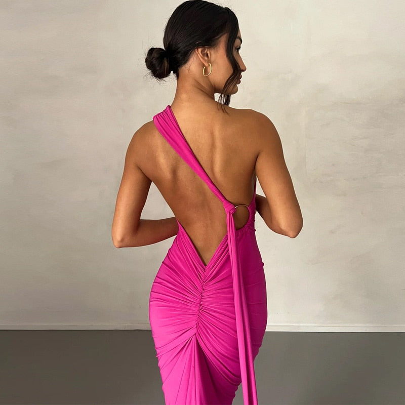 One Shoulder Back Tie Sleeveless Maxi Dresses