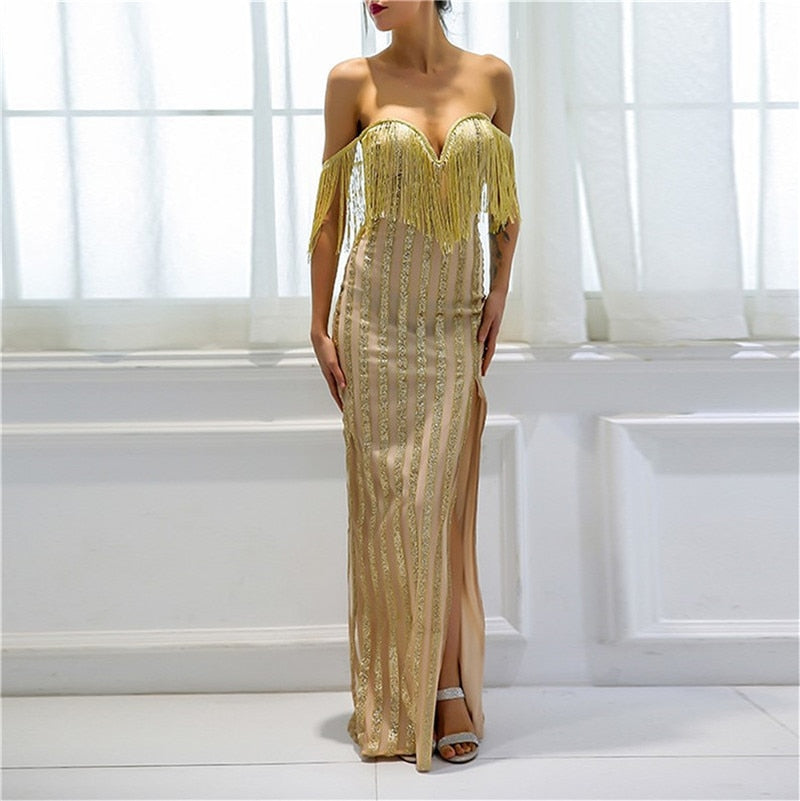 Sequin Off Shoulder Gold Tassel High Split Maxi Dresses