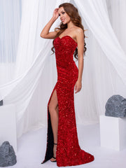 Strapless Sequin Floor Length Slit Dresses