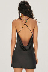 Sexy Cowl Neck Criss Cross Back Summer Satin Slip Mini Dress - Black