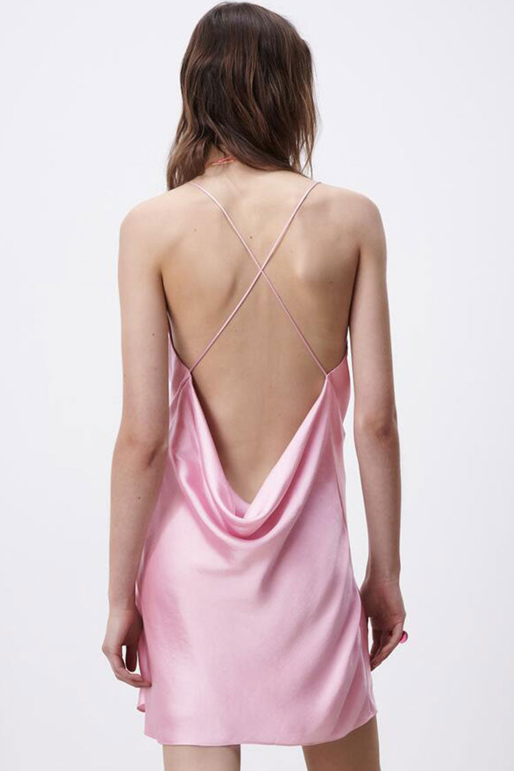 Sexy Cowl Neck Criss Cross Back Summer Satin Slip Mini Dress - Pink