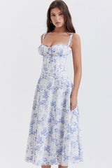 Sexy Floral Tie Front Lace Up Back Fit & Flare Split Midi Sundress - Blue