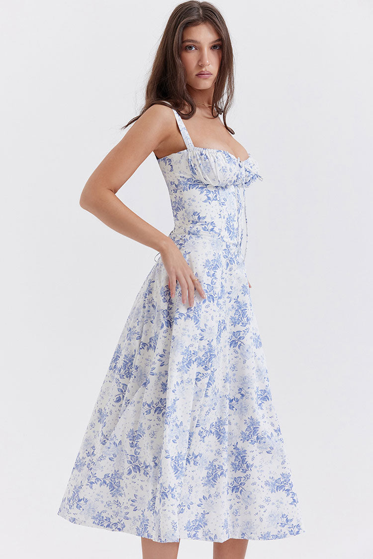 Sexy Floral Tie Front Lace Up Back Fit & Flare Split Midi Sundress - Blue