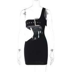 Black One Shoulder Buckle Cut Out Mini Dress