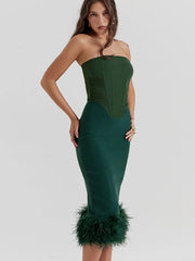 Corset Tube Fur Trim Bodycon Midi Dress