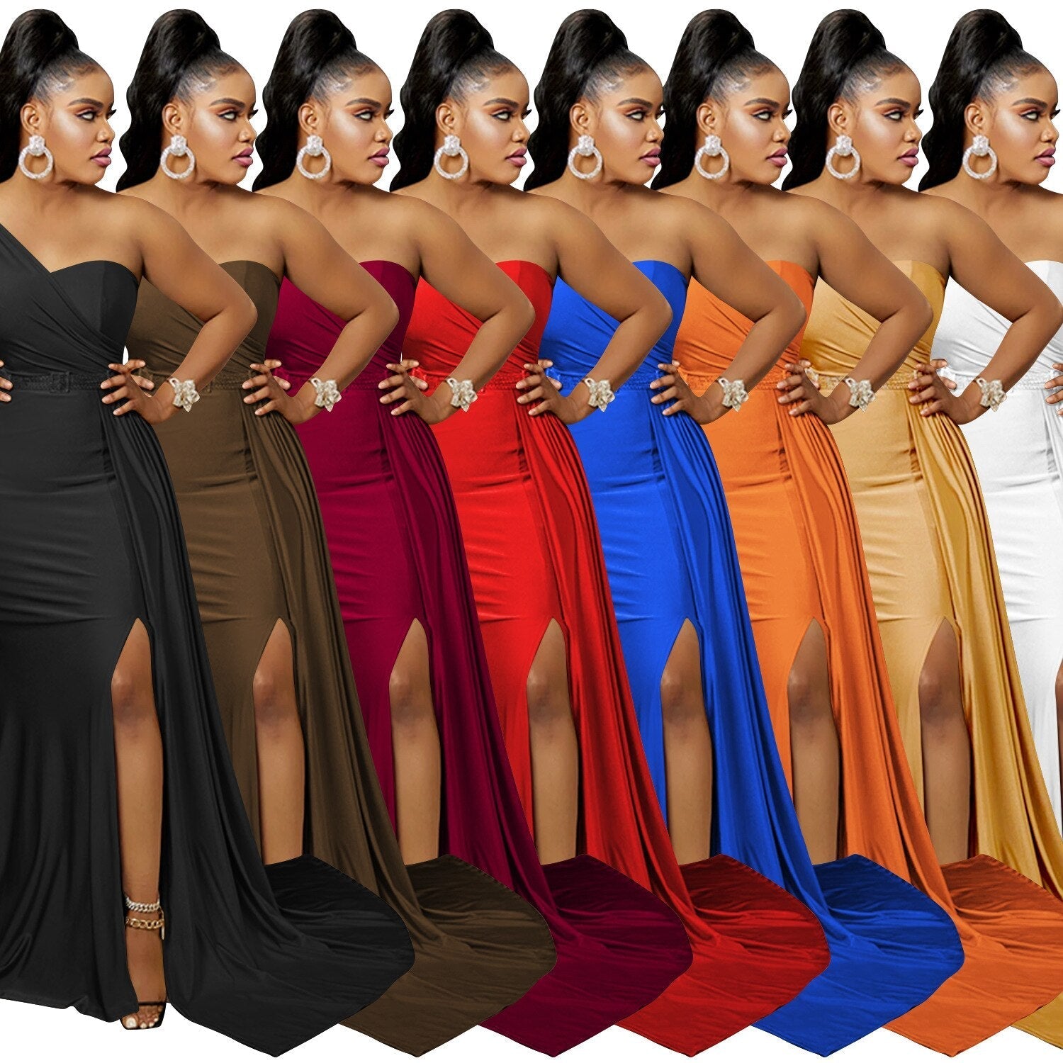 One Shoulder High Split Maxi Dresses