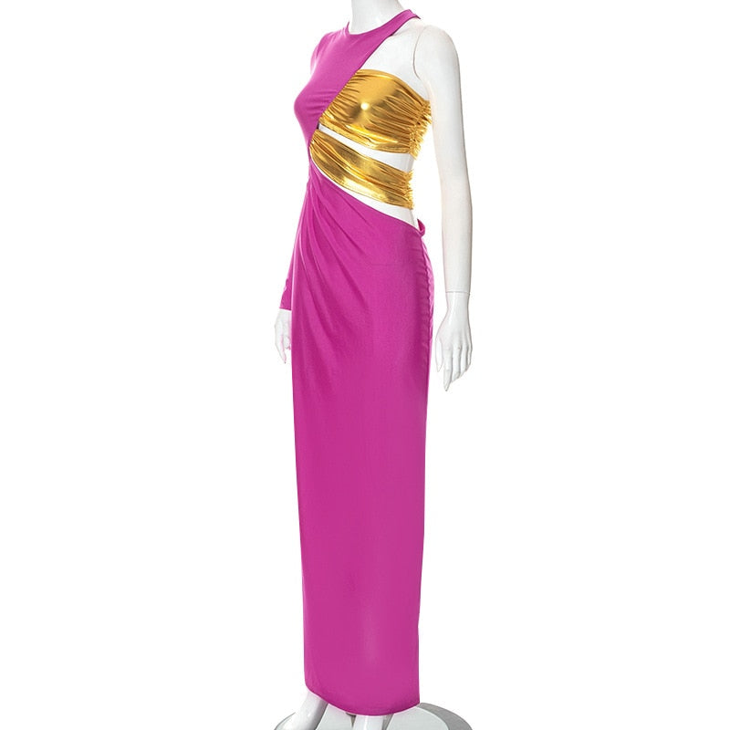 Purple One Sleeve Gold Wrap Maxi Dress