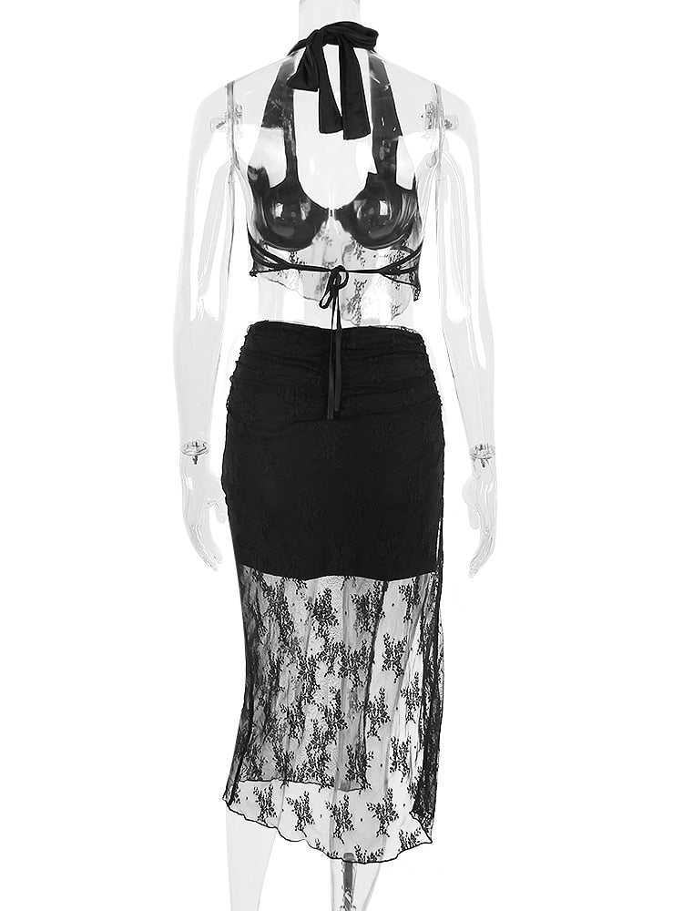 Black Lace Halter Crop Top And Midi Skirt Set