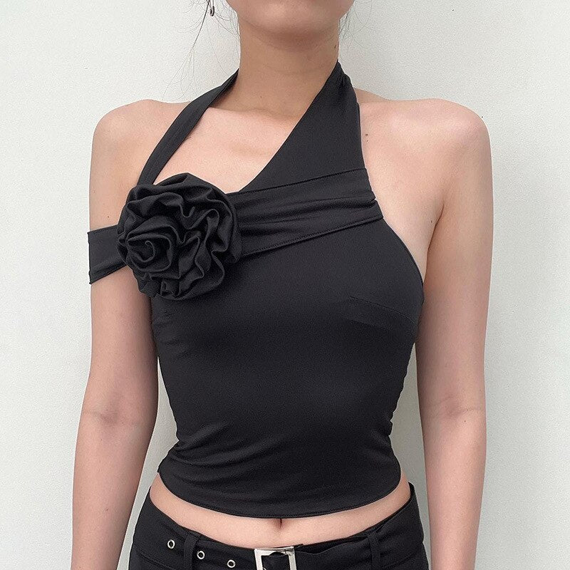 Black Flower Brooch Halter Draped Multi-Way Top