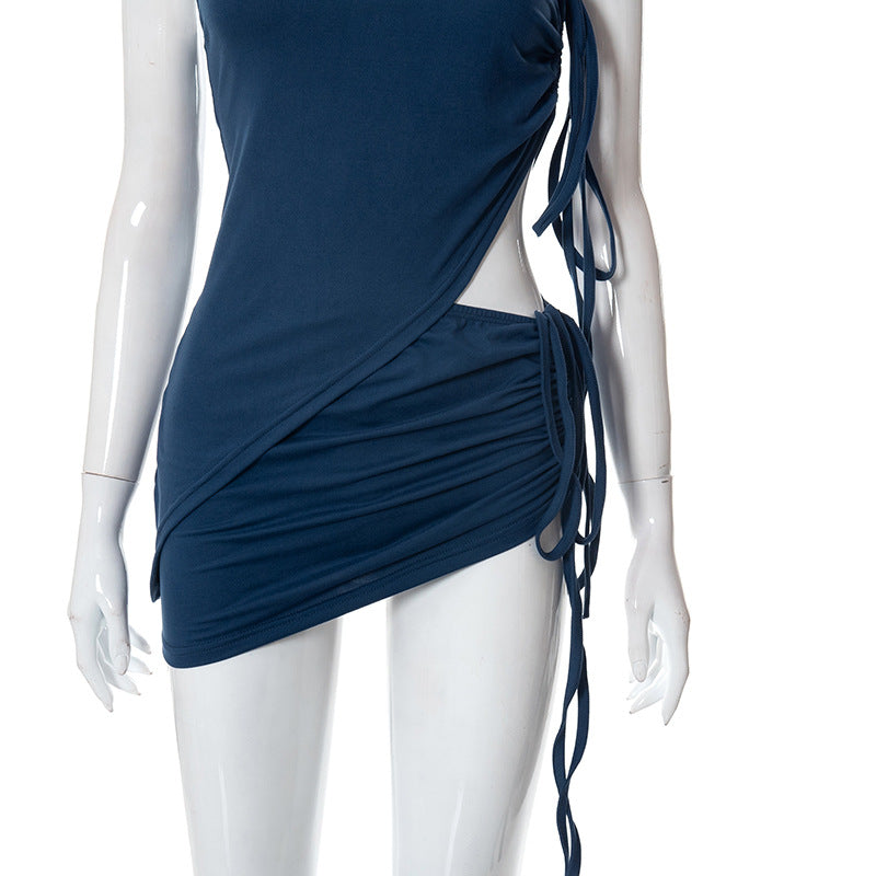 One Shoulder Drawstring Blue Skirt And Top Set