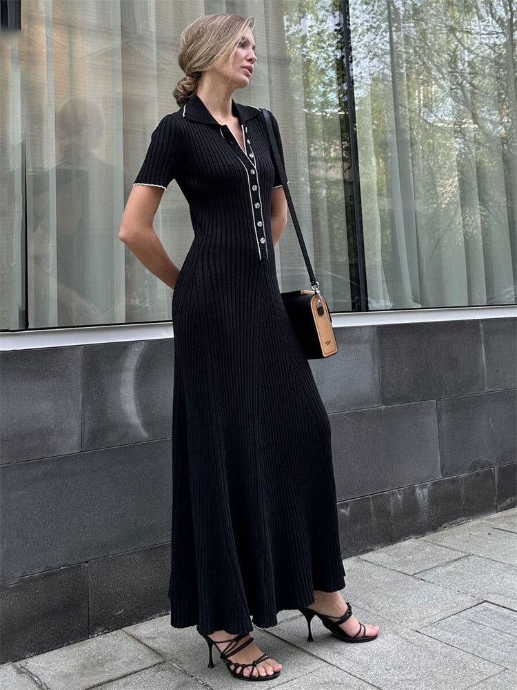 Knit Short Sleeve Collar Maxi Dress