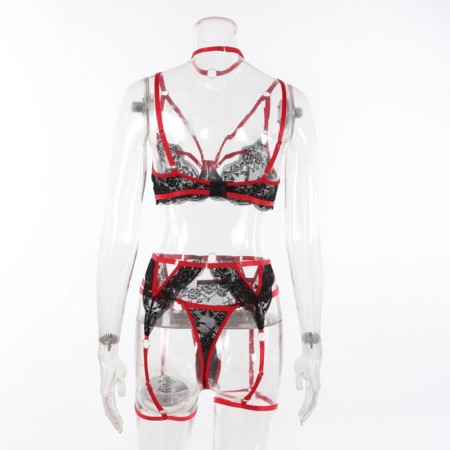 Black Lace Red Strap Contrast Lingerie Set