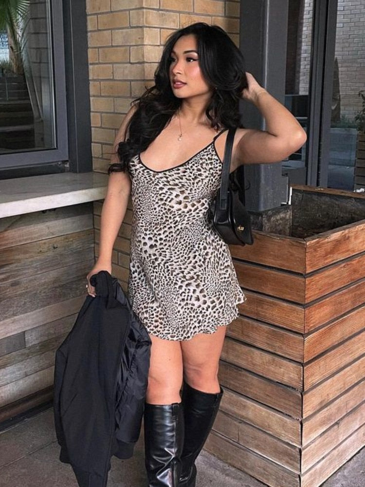 Leopard Print V-Neck Slip Mini Dress