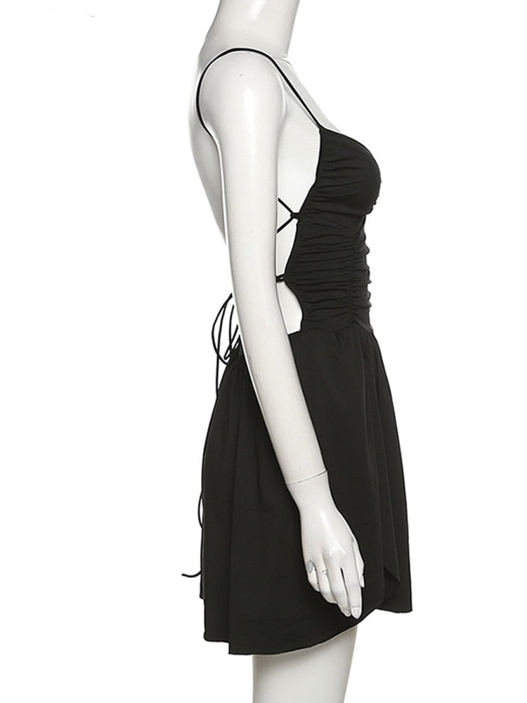 Black Ruched Backless Mini Strap Dress