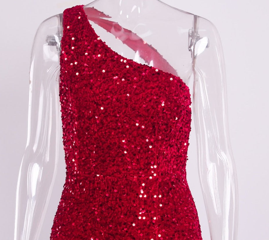 Red Sequin One Shoulder Sleeveless Maxi Dress