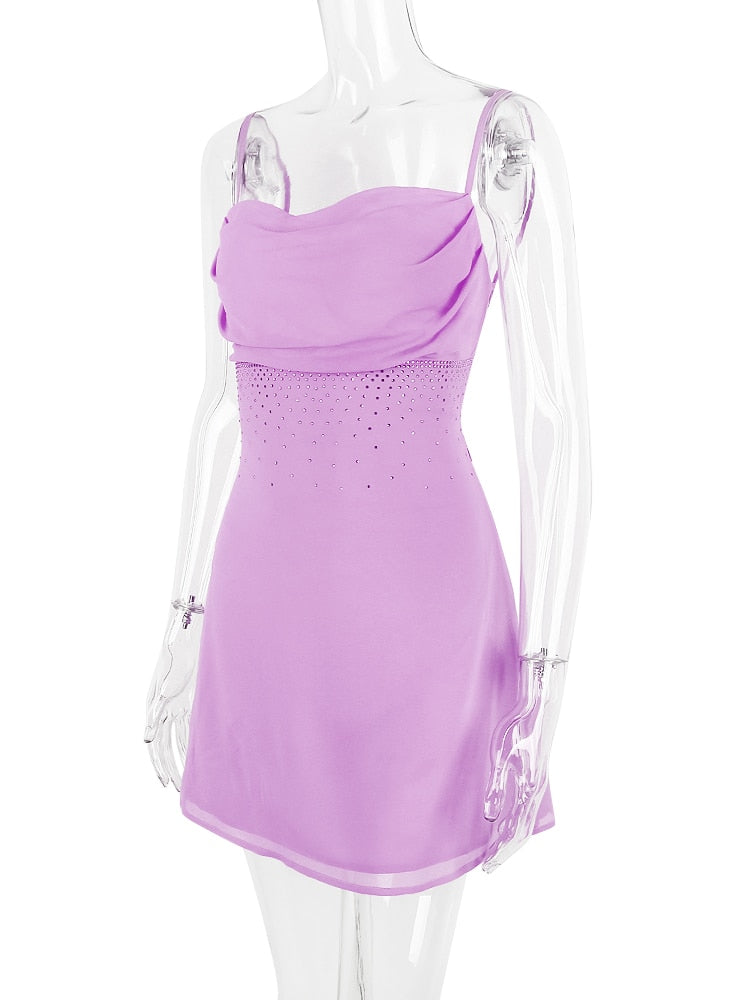 Purple Cowl Neck Strappy Backless Rhinestone Mini Dress