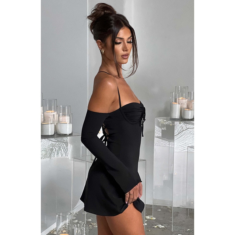 Off-shoulder Strappy Backless Tie-Up Mini Dress