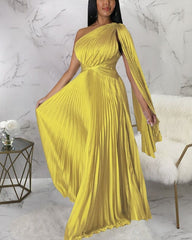 Satin Pleated Drape Sleeve Floor-Length Dresses