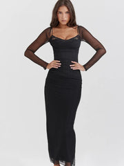 Black Long Sleeve Mesh Bodycon Maxi Dress