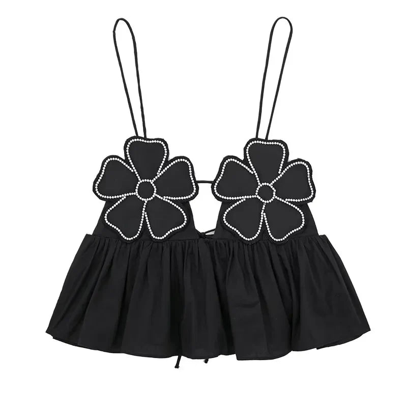 Black Flower Cut-Out Strap Crop Top