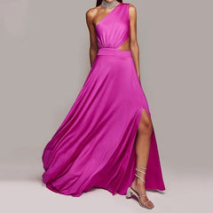 One Shoulder Sleeveless Hollow Slit Maxi Dress