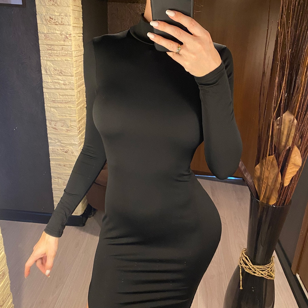 Black Long Sleeve O Neck Split Maxi Dress