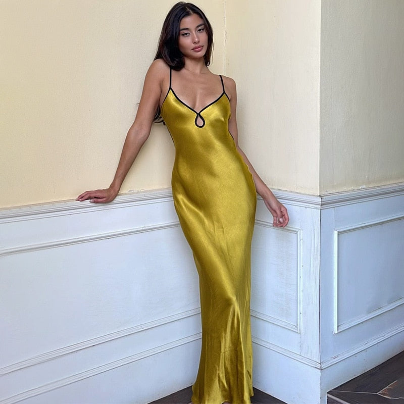 Satin Golden Backless Maxi Slip Dress