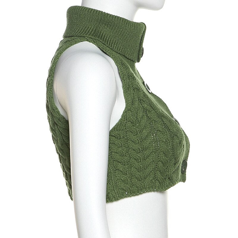 Green Knit Button Turtleneck Crop Top