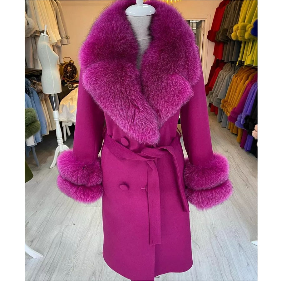 Cashmere Wool Long Coats Real Fur Big Collar & Cuffs