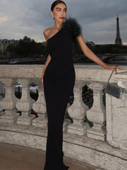 Black One Shoulder Feather Maxi Dress