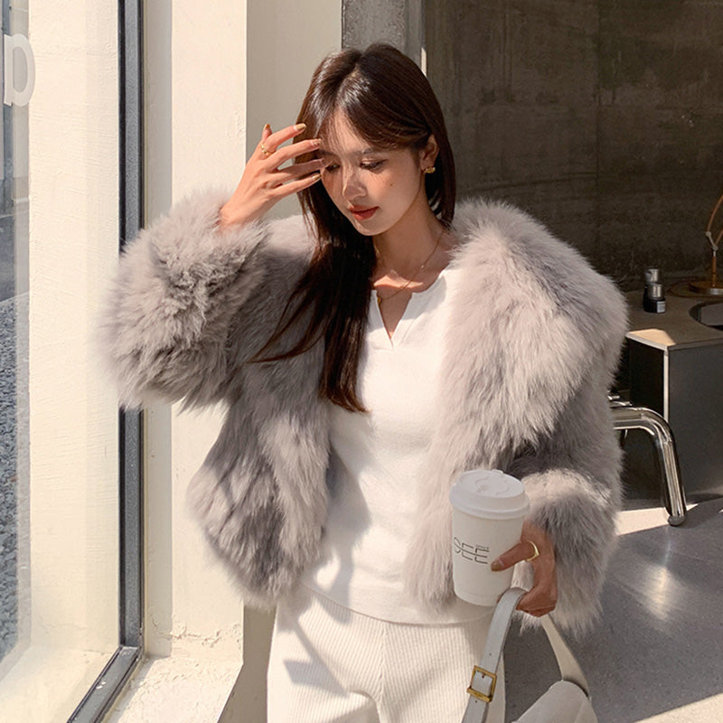 Fluffy Large Collar Knitted Real Fur Coats