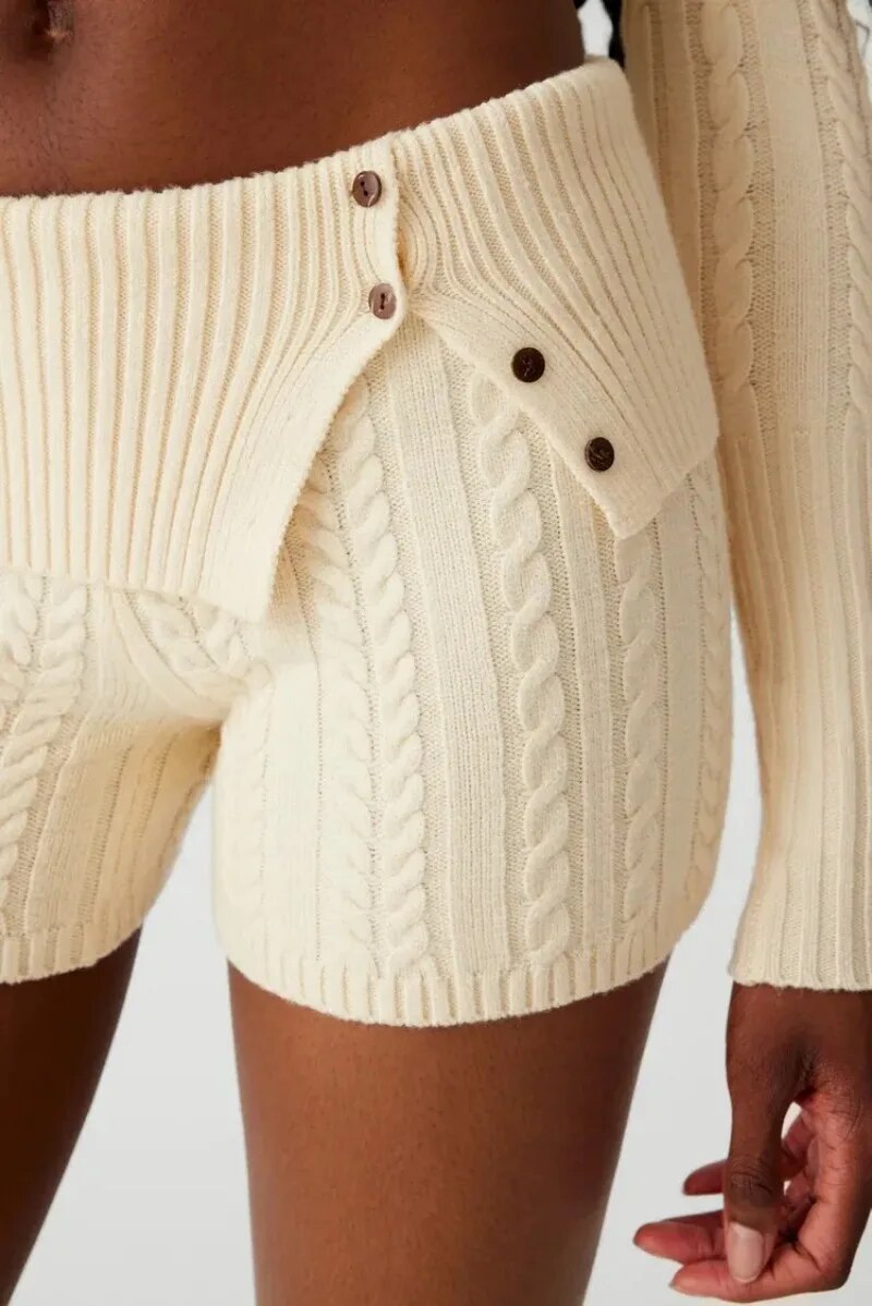 Knitted Zipper Hoddie Top And High Waist Short Set