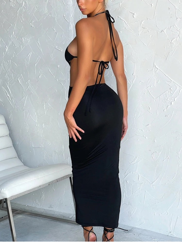 Black Backless Depp Neck Tie Up Maxi Dress