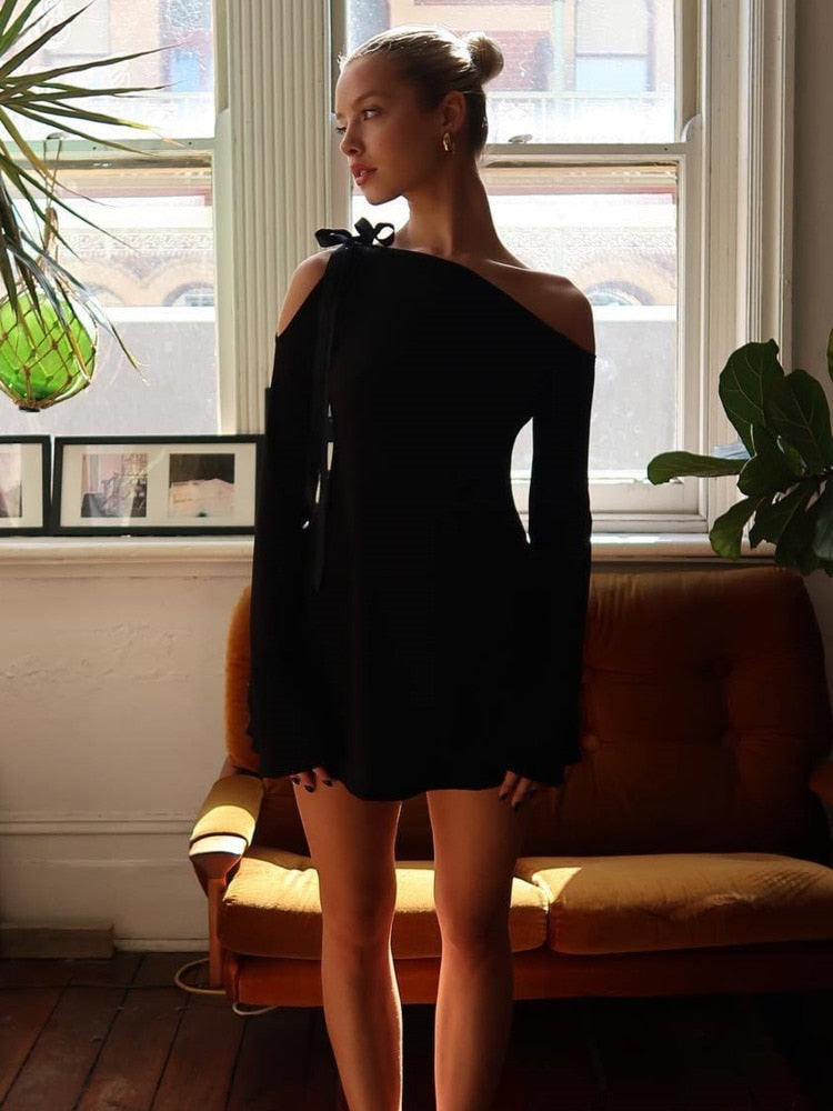 Black Long Sleeve Ribbon Tie Up Mini Dress