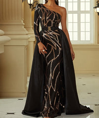 Black Gold Sequin One Shoulder Drape Dress