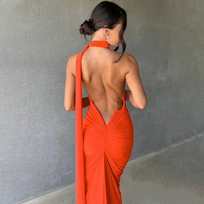 One Shoulder Back Tie Sleeveless Maxi Dresses