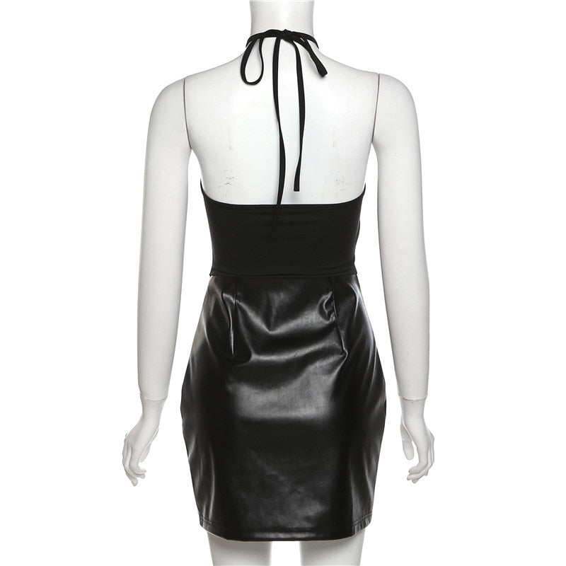 Black Faux Leather Halter Mini Dress