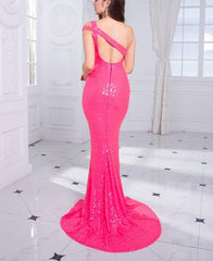 Pink Sequin One Shoulder Sleeveless Maxi Dress