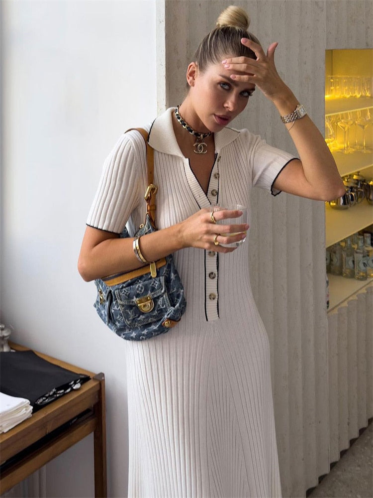 Knit Short Sleeve Collar Maxi Dress