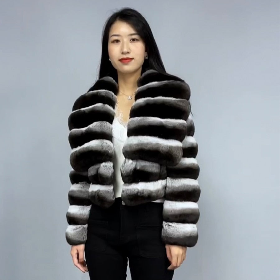 Big Collar Real Rabbit Fur Coat Chinchilla Style