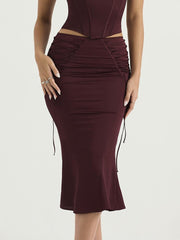 Burgundy Strap Corset Top And Lace Tie-Up Midi Skirt Set