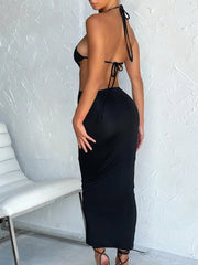 Black Backless Depp Neck Tie Up Maxi Dress