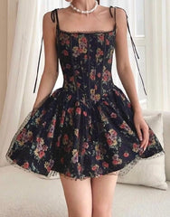 Black Floral Print Tie-Up Corset Frill Mini Dress