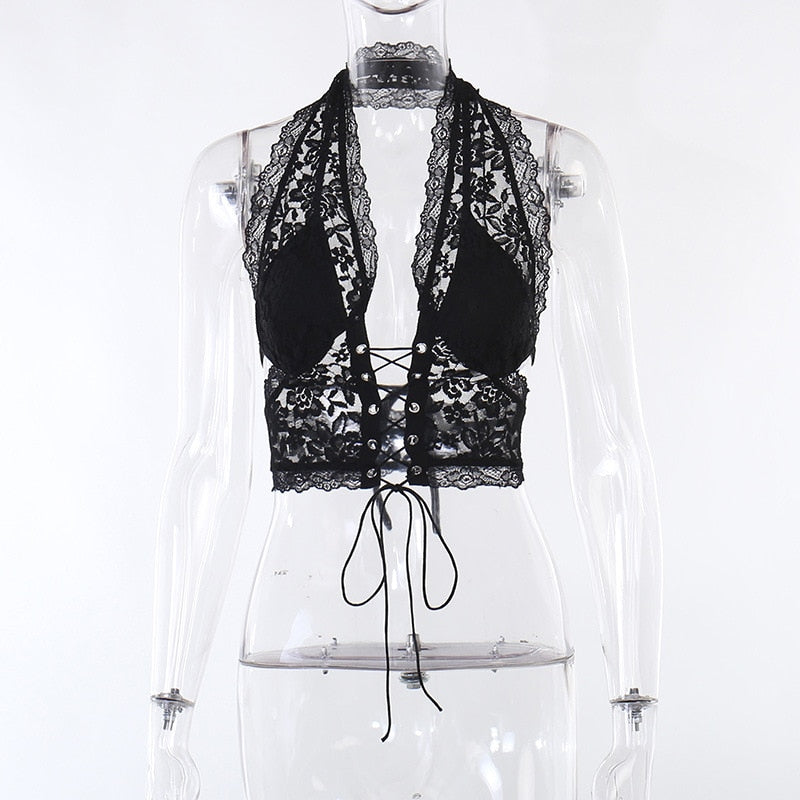 Black Lace Sheer Tie-Up Halter Crop Top