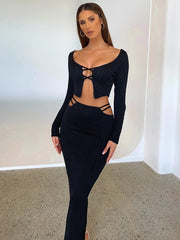 Black Long Sleeve Cut Out And Maxi Skirt Two Piece Set